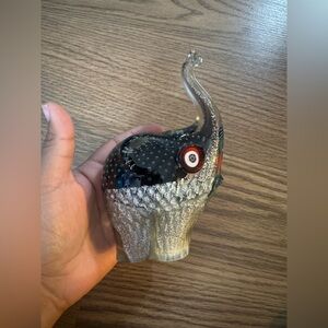Handblown Glass Elephant Figurine - Silver & Black